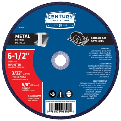 Century Drill & Tool 6-1/2 in. x 3/32 in. Metal Cutting Wheel 08806 Case of 5