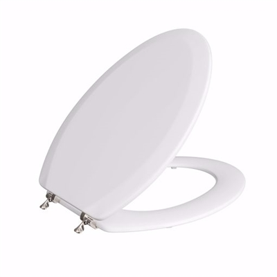 Jones Stephens White Deluxe Molded Wood Toilet Seat, Closed Front with Cover, Brushed Nickel Hinge, Elongated C014WD00BN