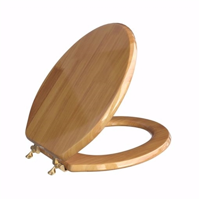 Jones Stephens Natural Oak Designer Wood Toilet Seat with Piano Finish, Closed Front with Cover, Polished Brass Hinges, Elongated C2B1E17BR