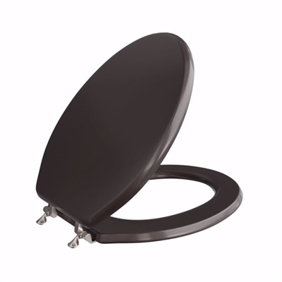 Jones Stephens Dark Brown Designer Wood Toilet Seat with Piano Finish, Closed Front with Cover, Brushed Nickel Hinges, Elongated C2B1E18BN