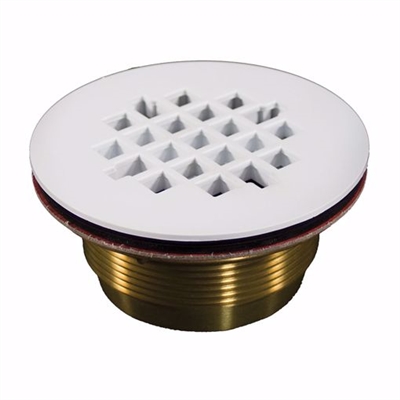 Jones Stephens 2 inch No Caulk Shower Stall Drain with Brass Body and White Epoxy Coated Stainless Steel Strainer D40440