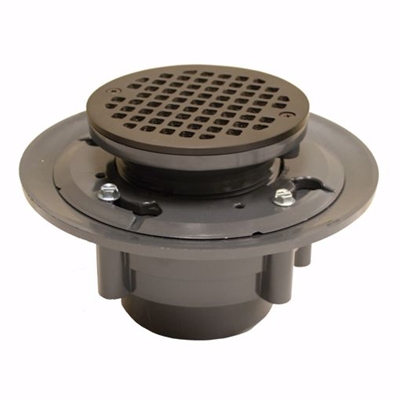 Jones Stephens 3 inch x 4 inch Heavy Duty PVC Shower Drain with 3-1/2 inch PVC Spud and 5 inch Round Oil Rubbed Bronze Strainer D4984RB