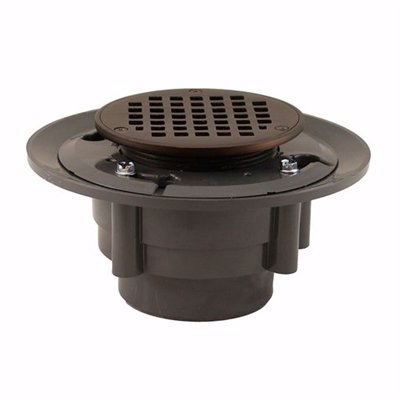 Jones Stephens 3 inch x 4 inch Heavy Duty PVC Shower Drain with 3-1/2 inch Metal Spud and 5 inch Round Oil Rubbed Bronze Strainer D4991RB