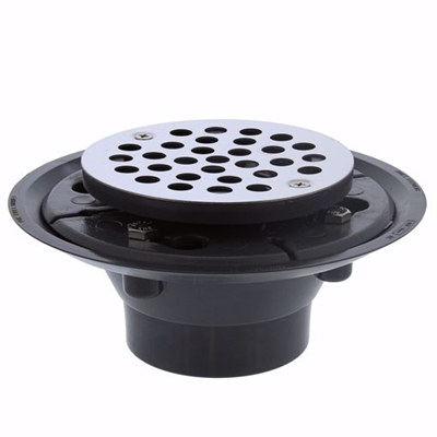 Jones Stephens 2 inch x 3 inch PVC Shower Drain with 2 inch PVC Spud and 4-1/4 inch Round Stainless Steel Strainer D50001