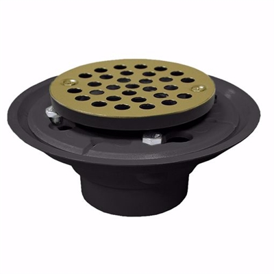 Jones Stephens 2 inch x 3 inch PVC Shower Drain with 2 inch PVC Spud and 4 inch Round Polished Brass Strainer D50002