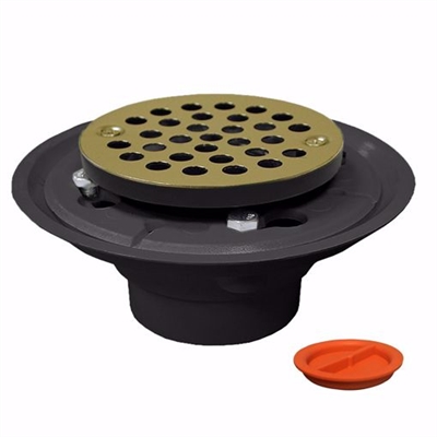 Jones Stephens 2 inch x 3 inch PVC Shower Drain with 2 inch PVC Spud and 4 inch Round Polished Brass Strainer with Test Plug D50002TP