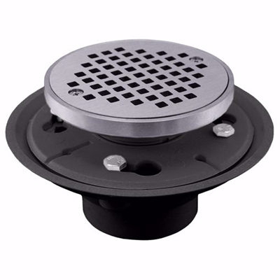 Jones Stephens 2 inch x 3 inch PVC Shower Drain with 2 inch Metal Spud and 4 inch Round Chrome Plated Cast Strainer with Grout Ring D50010