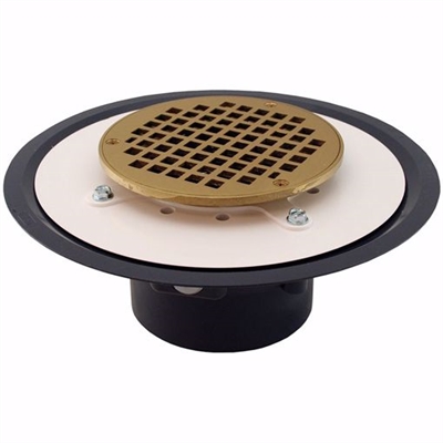 Jones Stephens 4 inch Heavy Duty PVC Drain Base with 3-1/2 inch Metal Spud and 6 inch Polished Brass Strainer D50016