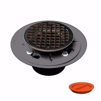 Jones Stephens 2 inch x 3 inch PVC Shower Drain with 2 inch PVC Spud and 4 inch Round Oil Rubbed Bronze Strainer with Test Plug D5001RBTP