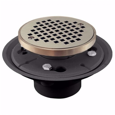 Jones Stephens 2 inch x 3 inch PVC Shower Drain with 2 inch Metal Spud and 4 inch Round Nickel Bronze Cast Strainer with Ring D50131