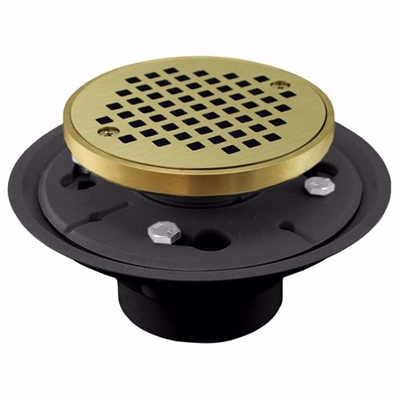 Jones Stephens 2 inch x 3 inch PVC Shower Drain with 2 inch Metal Spud and 4 inch Round Polished Brass Cast Strainer with Grout Ring D50133