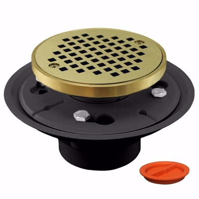 Jones Stephens 2 inch x 3 inch PVC Shower Drain with 2 inch Metal Spud and 4 inch Round Polished Brass Cast Strainer with Grout Ring and Test Plug D50133TP