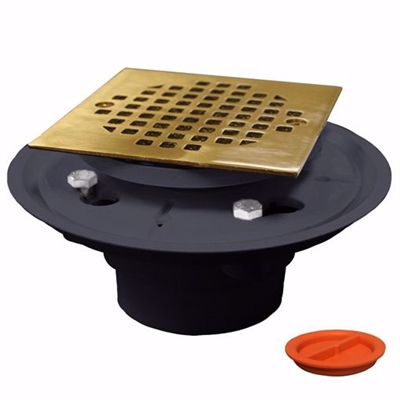 Jones Stephens 2 inch x 3 inch PVC Shower Drain with 2 inch PVC Spud and 4 inch quare Polished Brass Cast Strainer with Test Plug D50135TP