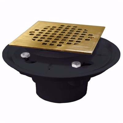 Jones Stephens 2 inch x 3 inch PVC Shower Drain with 2 inch PVC Spud and 4 inch Square Polished Brass Strainer D50152