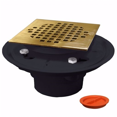 Jones Stephens 2 inch x 3 inch PVC Shower Drain with 2 inch PVC Spud and 4 inch Square Polished Brass Strainer with Test Plug D50152TP