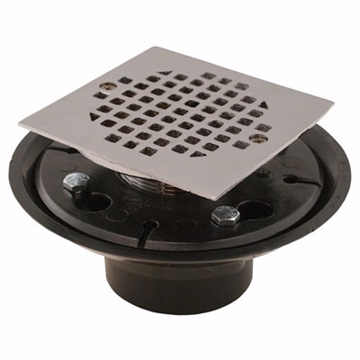 Jones Stephens 2 inch x 3 inch PVC Shower Drain with 2 inch PVC Spud and 4 inch Square Chrome Plated Strainer D50162