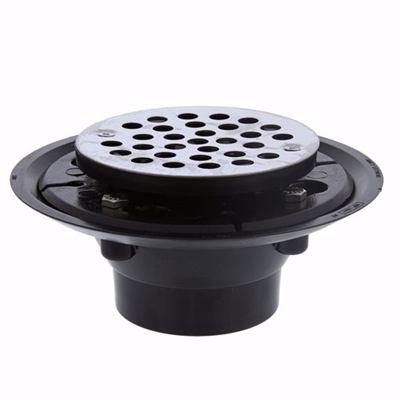 Jones Stephens 2 inch x 3 inch PVC Shower Drain with 2 inch PVC Spud and 4 inch Round Stainless Steel Strainer D50301