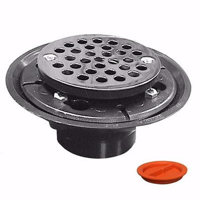 Jones Stephens 2 inch x 3 inch PVC Shower Drain with 2 inch PVC Spud and 4 inch Round Stainless Steel Strainer with Test Plug D50301TP