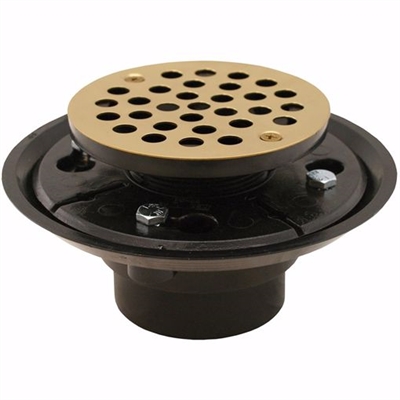 Jones Stephens 2 inch x 3 inch ABS Shower Drain with 2 inch ABS Spud and 4 inch Round Polished Brass Strainer D50302