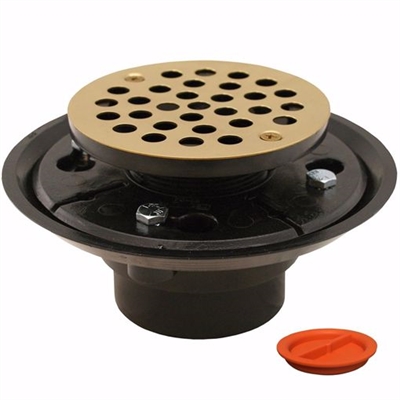 Jones Stephens 2 inch x 3 inch ABS Shower Drain with 2 inch ABS Spud and 4 inch Round Polished Brass Strainer with Test Plug D50302TP