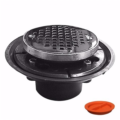 Jones Stephens 2 inch x 3 inch ABS Shower Drain with 2 inch ABS Spud and 4 inch Round Chrome Plated Cast Strainer with Grout Ring and Test Plug D50310TP