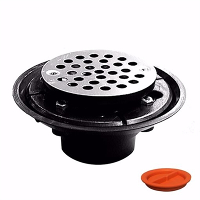 Jones Stephens 2 inch x 3 inch ABS Shower Drain with 2 inch ABS Spud and 4 inch Round Chrome Plated Cast Strainer with Test Plug D50311TP