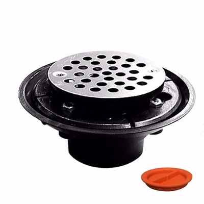 Jones Stephens 2 inch x 3 inch ABS Shower Drain with 2 inch ABS Spud and 4 inch Round Nickel Bronze Cast Strainer with Test Plug D50330TP