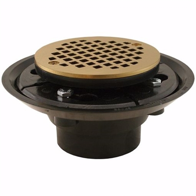 Jones Stephens 2 inch x 3 inch ABS Shower Drain with 2 inch ABS Spud and 4 inch Round Polished Brass Cast Strainer D50332