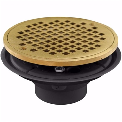 Jones Stephens 2 inch x 3 inch PVC Shower Drain with 2 inch Brass Spud and 6 inch Round Polished Brass Strainer D50802