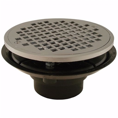 Jones Stephens 2 inch x 3 inch PVC Shower Drain with 2 inch Brass Spud and 6 inch Round Chrome Plated Strainer D50830