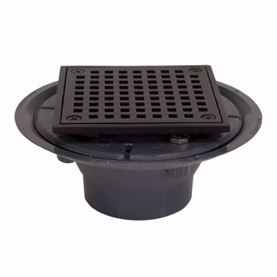 Jones Stephens 2 inch x 3 inch PVC Shower Drain with 2 inch Brass Spud and 4-1/4 inch Square Oil Rubbed Bronze Strainer with Grout Ring D5094RB