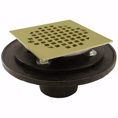 Jones Stephens 2 inch No Hub Shower/Floor Drain with 6-1/2 inch Pan and 4 inch Polished Brass Cast Square Strainer D60413